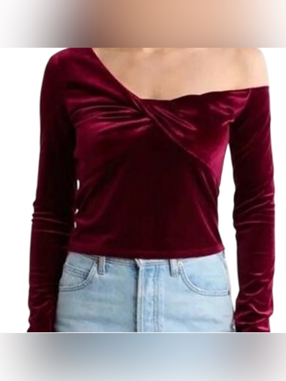 Elodie Burgundy Velvet Front Twist Off-Shoulder Long Sleeve Top NWOT Size Small